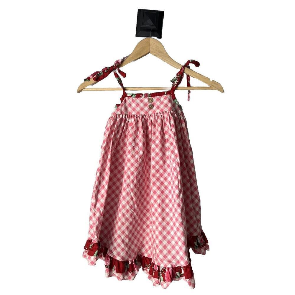Cheeky Plum Boutique Size 5T Pink Gingham Floral Ruffle Dress Adjustable Straps